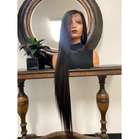 MIA LONG PREMIUM HUMAN HAIR BLEND BLACK W/ BROWN HIGHLIGHTS LACE FRONT WIG - Picture 1 of 5